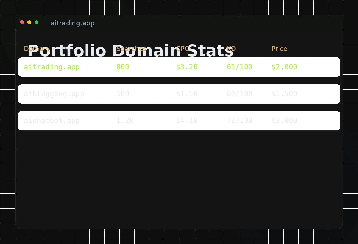 VisionVix domain statistics — 500+ premium .app domains with live keyword scores, CPC and AI pricing
